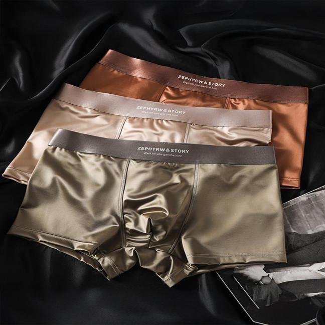 Men Boxer Underwear High Elasticity Breathable 3D Cut U-Convex Smooth Ice Silk Satin Shorts Panties Solid Color Seamless Panties