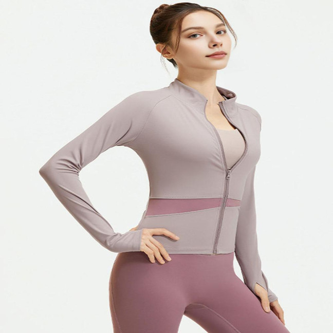 Women's Workout Jacket Full Zip Up Cropped Yoga Jacket Long Sleeve Slim Fit Athletic Top Running Track Sportwear for Fitness