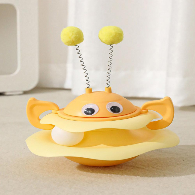Cat Ball Track Toy Interactive Bee Shaped Cat Tower with Roller Ball Turntable Tumbler Cat Toy with Spring Pompom Ball for Indoor Cats
