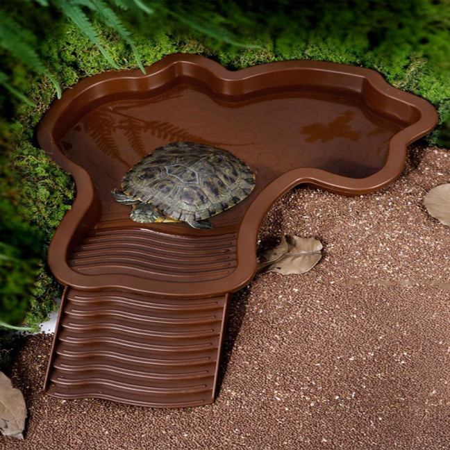 Tortoise Water Bowl with Ramp 2-in-1 Large Reptile Feeding Dish Bathing Pool Aquarium Ornament for Lizard Gecko Turtle Snake Bearded Dragon 