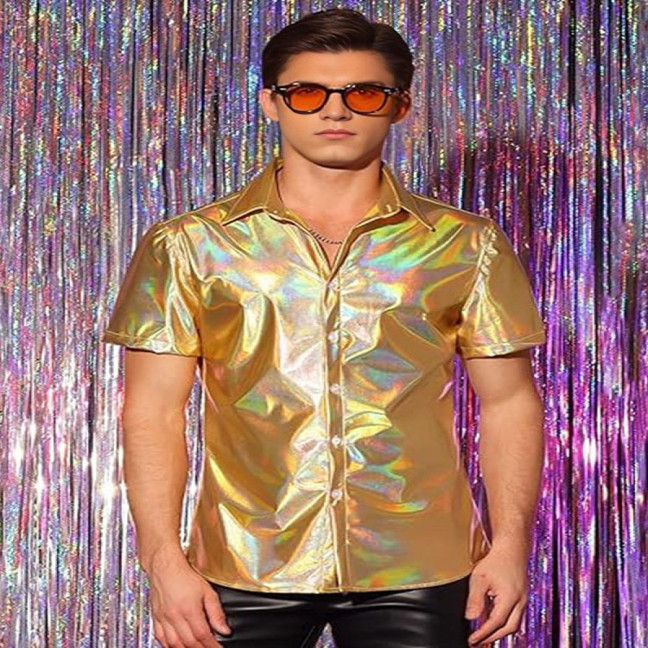 Men's Shiny Metallic Shirt Short Sleeve Lapel Shirt Button-up Sparkling Disco Outfit for Stage Performance Nightclub Dance Party Bar