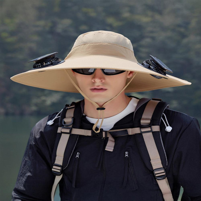 Fan Hat Wide-Brimmed Outdoor Hat with Dual-Power Solar Fan Design 3 Gear Adjustable Speed Hiking Cycling Fishing Hat