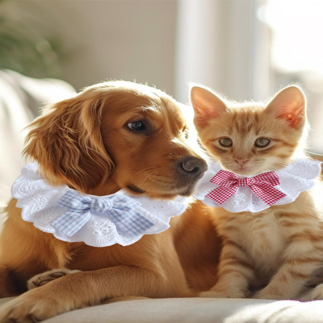 Pet Lace Bib Collar Adjustable Pet Bandana with Bow Handmade Sweet Lace Neck Scarf for Pet Birthday Dress Up Accessories