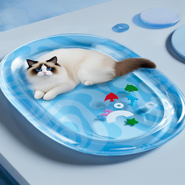Pet Water Bed Water-Filled Cat Cooling Pad Sensory Pet Cooling Bed with Floating Fish Interactive Play Mat for Summer Indoor Dogs Cats