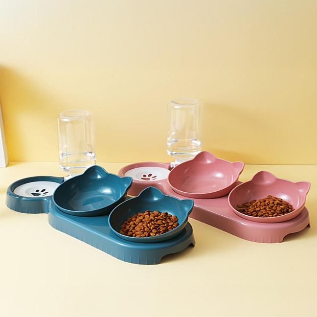 Double Pet Food Bowl And Water Bottle Set 3-in-1 Detachable Tilted Cat Dog Feeder Bowl with Automatic Water Dispenser for Small Medium Dogs Cats