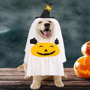 Halloween Ghost Dog Outfit Pumpkin White Ghost Costume Pet Cosplay Attire with Witch Hat for Trick or Treat Costume Party Photoshoot 