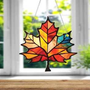 Maple Leaf Suncatcher Hanging Decoration Thanksgiving Day Autumn Stained Glass 2D Flat Acrylic Glass Window Wall Hanging Sign Ornament 