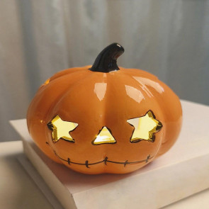 Halloween Ceramic Cat Pumpkin Figurine Carved Cat Pumpkin Tabletop Tealight Candle Holder for Indoor Home Party Decor