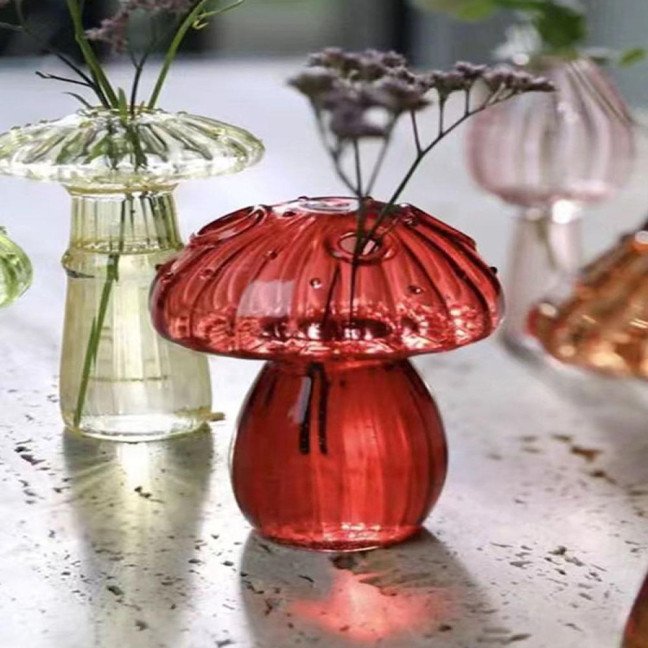 Mini Mushroom Shape Vase Colorful Transparent Glass Hydroponic Vase Flower Plant Display Vase Home Decoration 