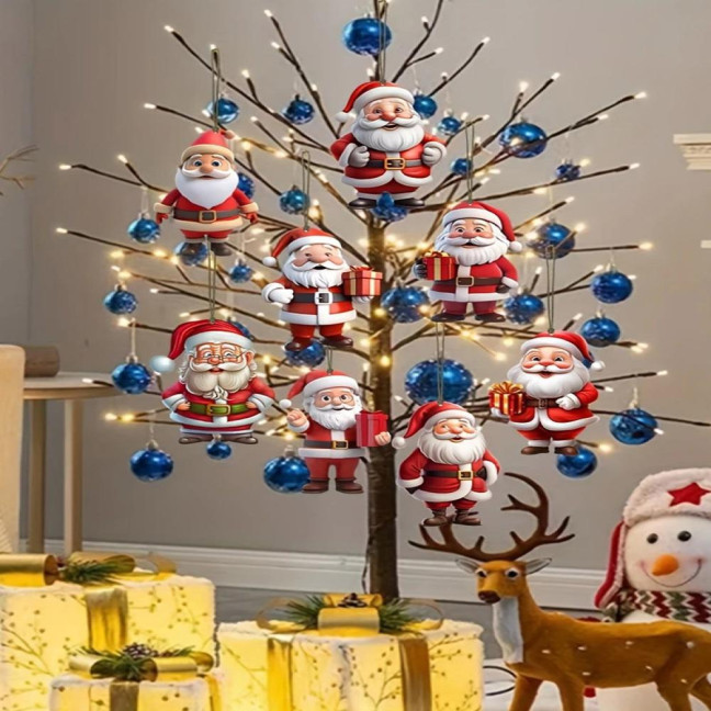 12 Pcs Wooden Santa Claus Ornaments Christmas Tree Hanging Cartoon Santa Claus Decoration for Xmas Tree Party Decor