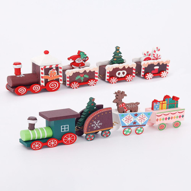 Christmas Train Decoration Wooden Festive Mini Train Ornament Xmas Train Centerpiece for Mantel Dining Table Happy New Year Gift