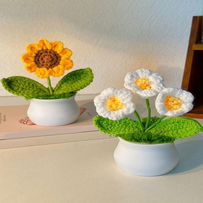 Hand Crocheted Flowers Handmade Lily of The Valley Plant Finished Crochet Potted Sunflower Artificial Forget-Me-Not Flower for Home Desktop Decoration