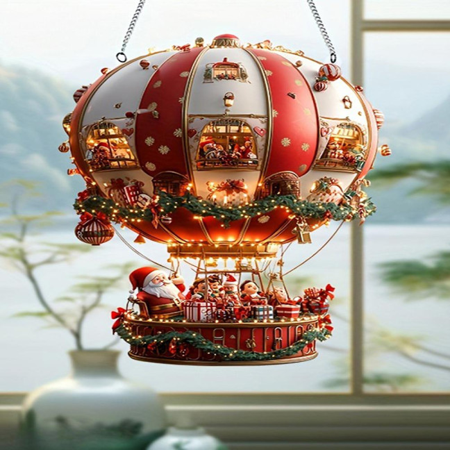 Christmas Hot Air Balloon Ornaments 2D Acrylic Xmas Tree Pendant Cartoon Santa in Hot Air Balloon Hanging Decoration for Trees Doors Windows Decor