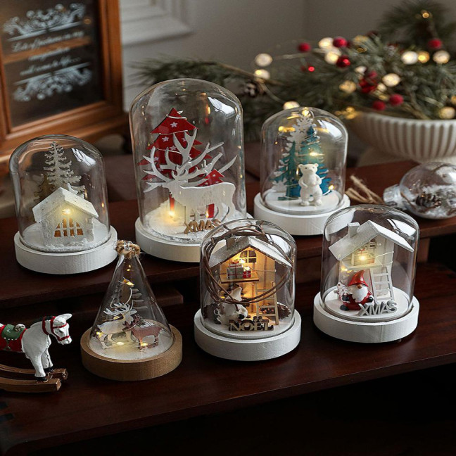 Christmas Figures in Glass Dome Tabletop Decoration LED Light Up Christmas Cloche Ornaments for Indoor Home Tabletop Decor Christmas Figures in Glass Dome Tabletop Decoration LED Light Up Christmas Cloche Ornaments for Indoor Home Tabletop Decor