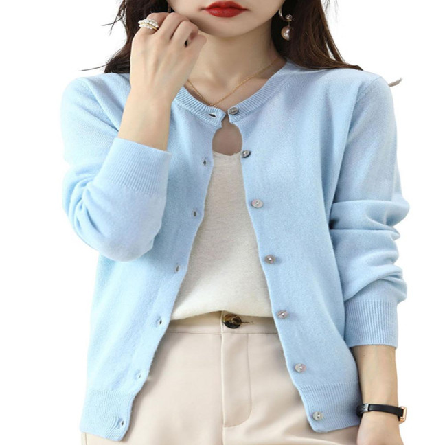 Women Knitted Sweater Coat Round Neck Long Sleeve Single Breasted Solid Color Knitting Cardigan Daily Wear