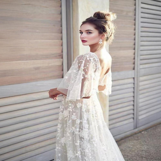 Lace Flared Sleeve Wedding Dress for Bride Deep V Neck Open Back Bridal Ball Gown Boho Beach Swing Dress