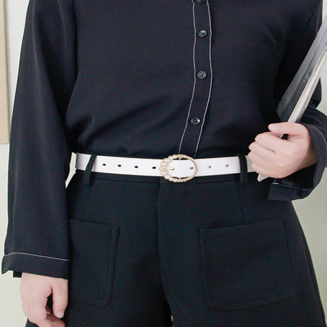 Imitation Leather Women Belt Faux Pearls Pin Buckle Adjustable Holes Design Waistband Versatile Fashion Accessory