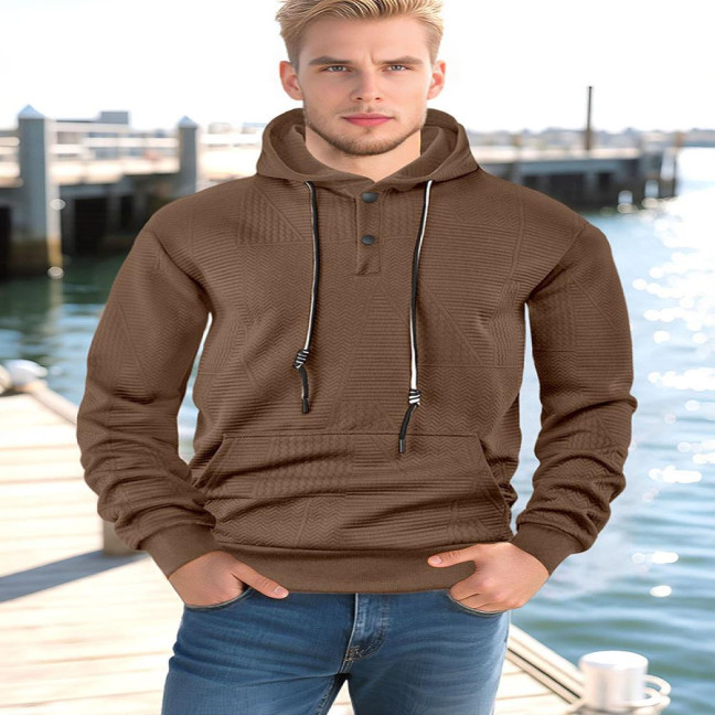 Men Hoodie Jacquard Texture Hooded Drawstring Long Sleeve Pullover Tops with Front Pocket Solid Color Spring Autumn Tops