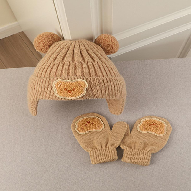 2Pcs/Set Children Hat Gloves Set Bear Ear Shape Ear Protection Solid Color Knitted Hat Elastic Warm Gloves Set Winter Headwear Set
