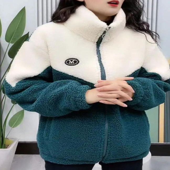 Women's Fuzzy Fleece Jacket Zip Up Stand Collar Sherpa Coat Fall Winter Color Block Warm Outerwear with Pockets