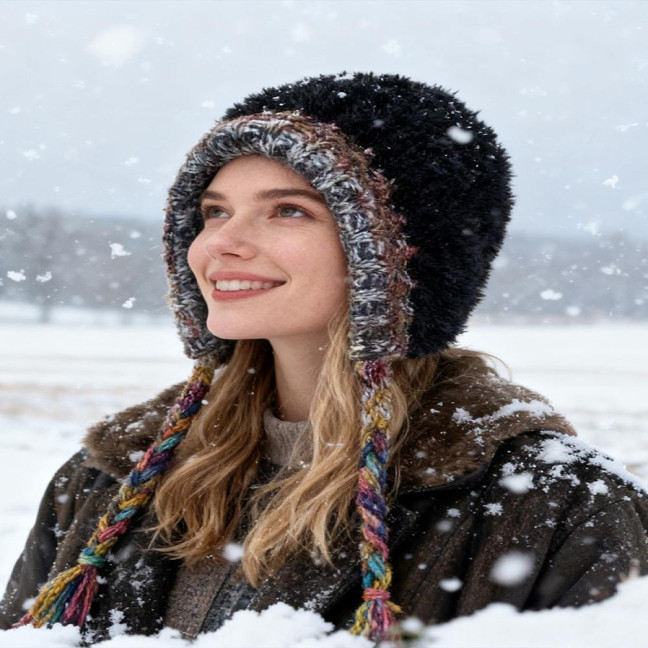 Women Hat Patchwork Color Elastic Design Knitted Winter Hat Ear Protection Thickened Warm Windproof Hat Outdoor Activities Accessory