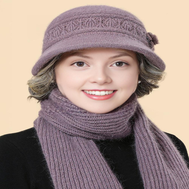 2Pcs/Set Women Hat Scarf Set Solid Color Flower Decor Elastic Knitting Basin Hat Warm Long Scarf Set Cold Weather Accessories