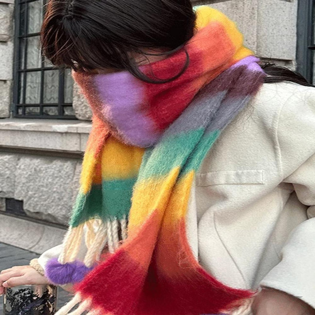 Women Scarf Rainbow Color Striped Scarf with Plush Balls Tassel Winter Thickened Warm Couple Scarf Versatile Wear