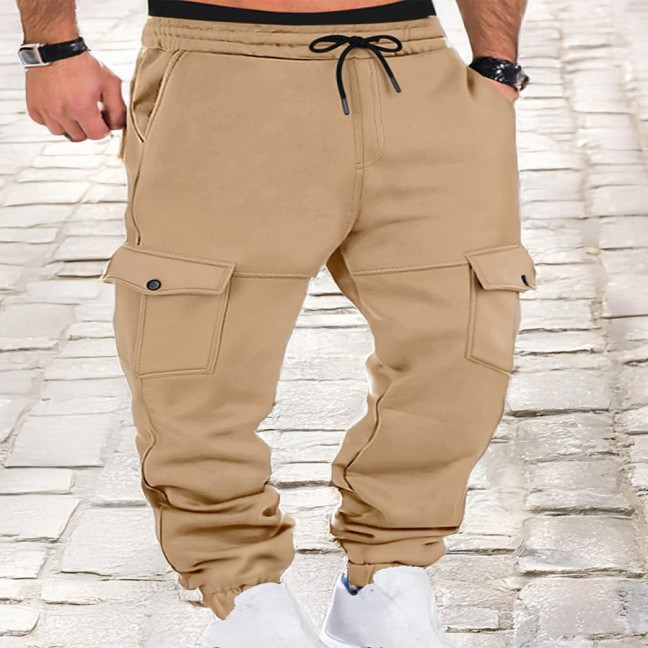 Men Winter Sweatpants Thickened Cargo Pants Warm Casual Baggy Trousers Drawstring Waist Jogger Pants for Work Street Daily Wear