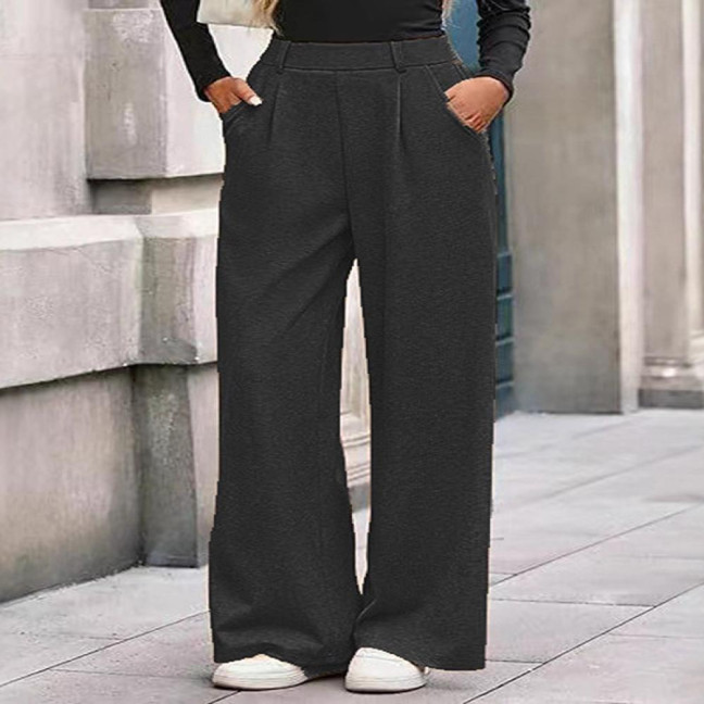 Women Pants Elastic Mid-rise Wide-Leg Loose Style Long Pants Autumn Winter Ribbed Casual Trousers with Pockets