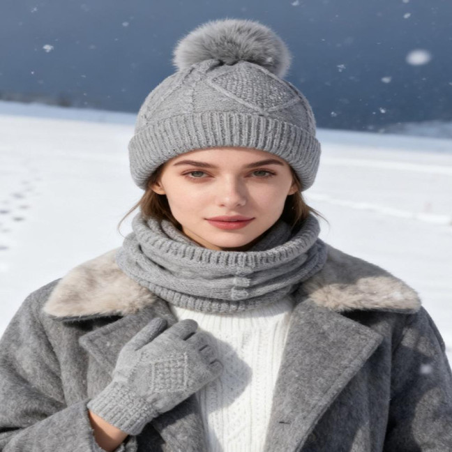 3Pcs/Set Women Hat Scarf Gloves Set Solid Color Design Twist Texture Thickened Warm Plush Lining Hat Scarf Gloves Winter Accessories