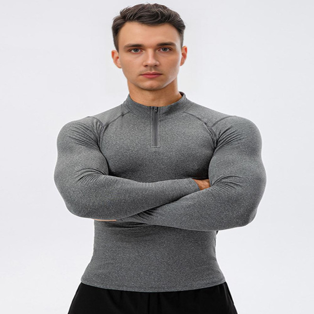 Autumn Winter Men Thermal Top Plush Lining Zipper Stand-up Collar Long Sleeve Shirt Slim Fit Stretch Casual Solid Color Cold Weather Warm Base Layer Top 