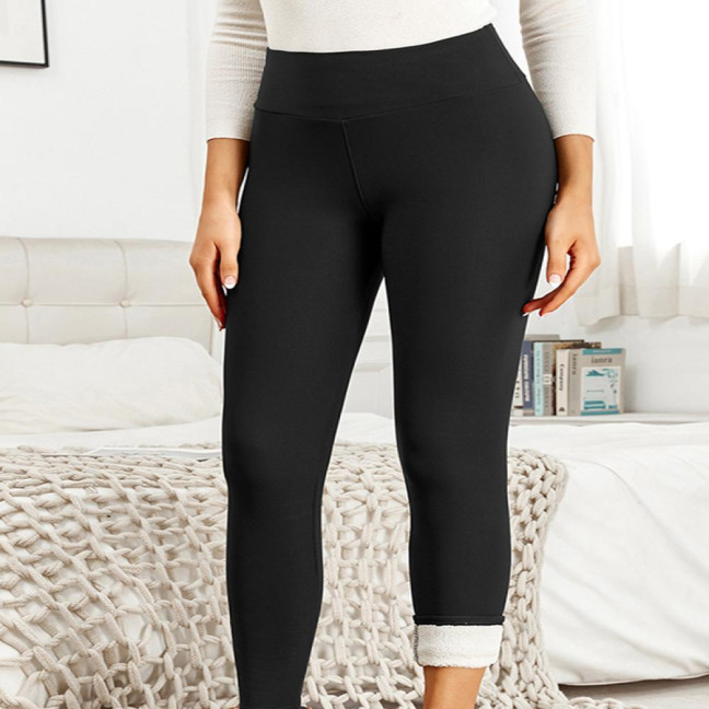 Women Winter Leggings High Waist Solid Color Thickened Plush Lining Bottom Pants Slim Butt Lifting Yoga Pants