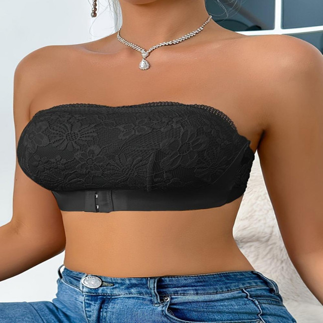 Women's Strapless Bra Floral Lace Front Closure Bra Wireless Full Coverage Tube Top Bandeau No Underwire Seamless Bralette