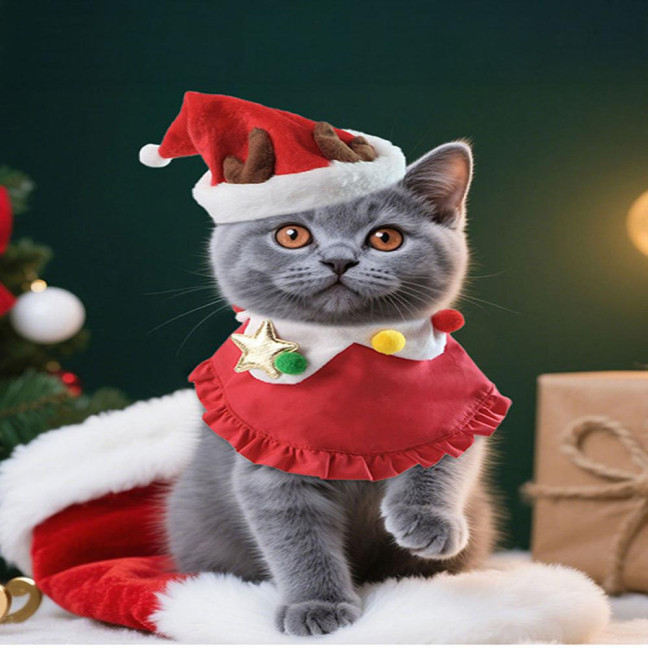 Christmas Cat Costume Set Santa Hat And Bib Collar Xmas Party Pet Outfit for Small Dogs Cats Holiday Dress-up Photography Props