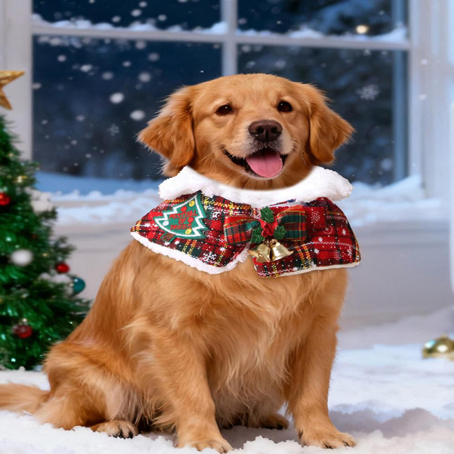Pet Scarf Christmas Plaid Bowknot Bells Decor Plush Lining Lace-up Cat Dog Collar Holiday-themed Pet Accessory