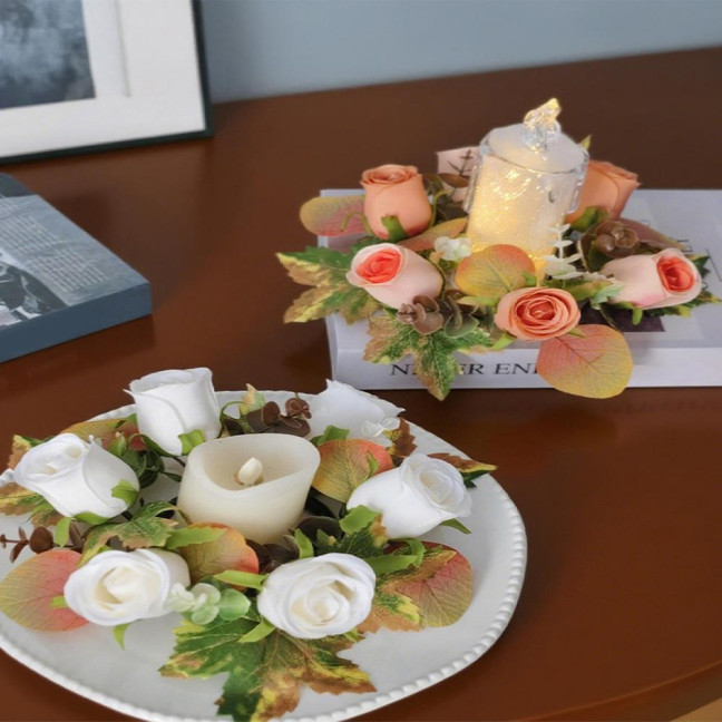 Artificial Rose Candle Ring Fake Rose Wreath with Maple Leaves Pillar Candle Wreath Table Centerpieces for Home Candlelight Dinner Wedding Party Decor Artificial Rose Candle Ring Fake Rose Wreath with Maple Leaves Pillar Candle Wreath Table Centerpieces for Home Candlelight Dinner Wedding Party Decor