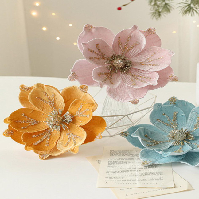 Artificial Poinsettia Flower Picks Velvet Glitter Magnolia Flower with Stem Christmas Tree Ornaments for Xmas New Year Party Wedding Holiday Decor