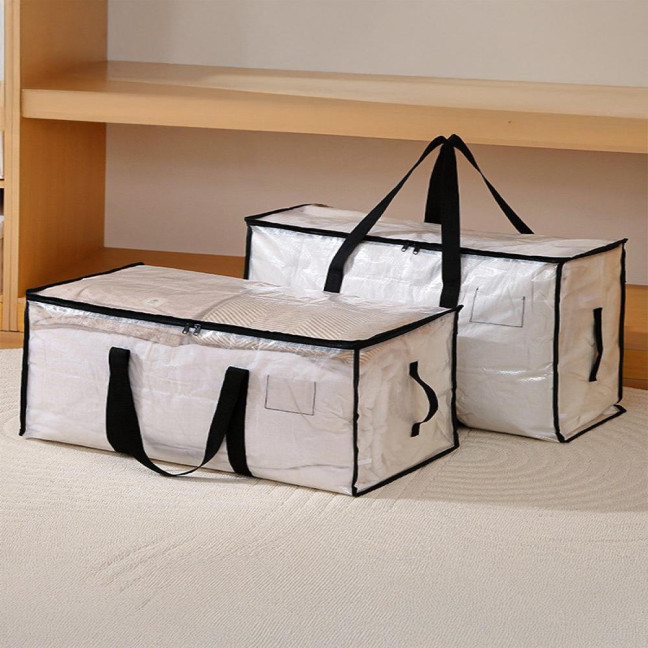 Large Quilt Storage Bag Clear Storage Bin with Lid Reinforced Handles Waterproof Foldable Moving Storage Bags Totes for Clothes Packing Bedding 