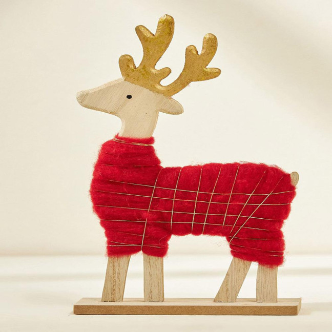 Christmas Tabletop Decoration Plush Wool Felt Reindeer Santa Tree Figurine with Wooden Base for Winter Tiered Tray Mantel Decor