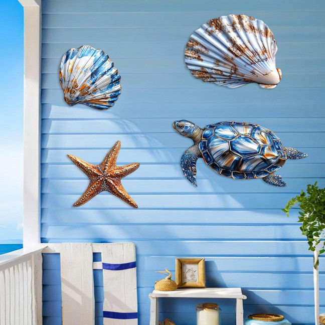 3/4Pcs/Set Wooden Fish Wall Decoration Farmhouse Rustic Nautical Turtle Shell Starfish Wall Art Sculpture Home Living Room Bathroom Wall Decorative Sign 
