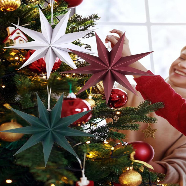 5Pcs Star Lanterns 12-Inch Paper Christmas Ornaments 9 Pointed Hanging Lamp Lampshades Vintage Farmhouse Xmas Party Decorations