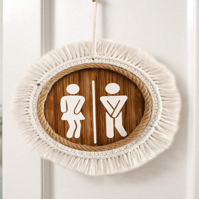 Cotton Thread Wooden Bathroom Sign Rustic Restroom Door Men Women Hanging Sign Restaurant Office Hotel Washroom Wall Gender Identification Signage 