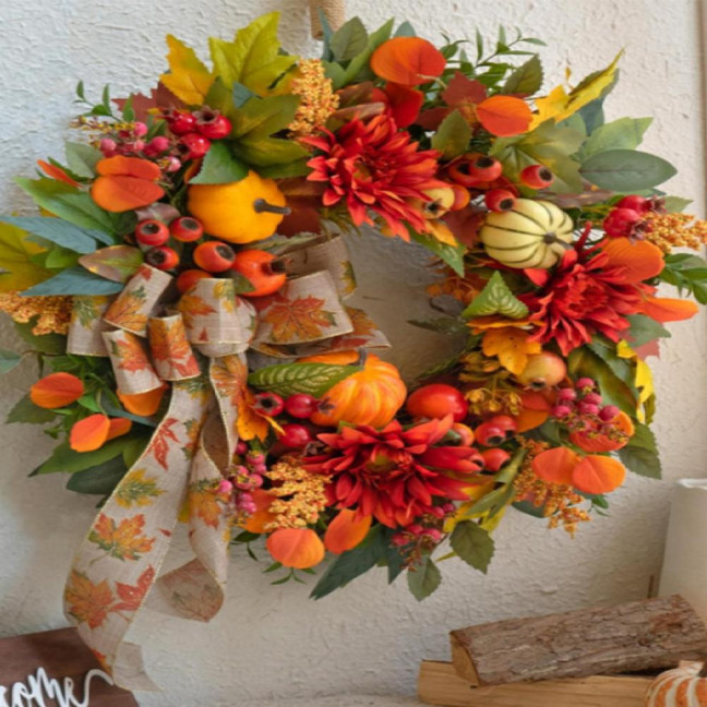 18 Inch Fall Wreath for Front Door Artificial Pumpkin Wreath with Dahlia Berries And Bow Large Autumn Wreath for Thanksgiving Farmhouse Indoor Outdoor Decor