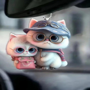 2D Flat Cat Car Rear View Mirror Charm Acrylic Cartoon Cat Christmas Tree Hanging Ornament Auto Interior Accessories for Window Wall Decor