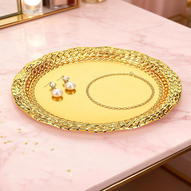 Vintage Round Metal Tray Retro Decorative Display Plate Flat Bottom Serving Platter for Jewelry Storage Snacks Cake Coffee Coaster