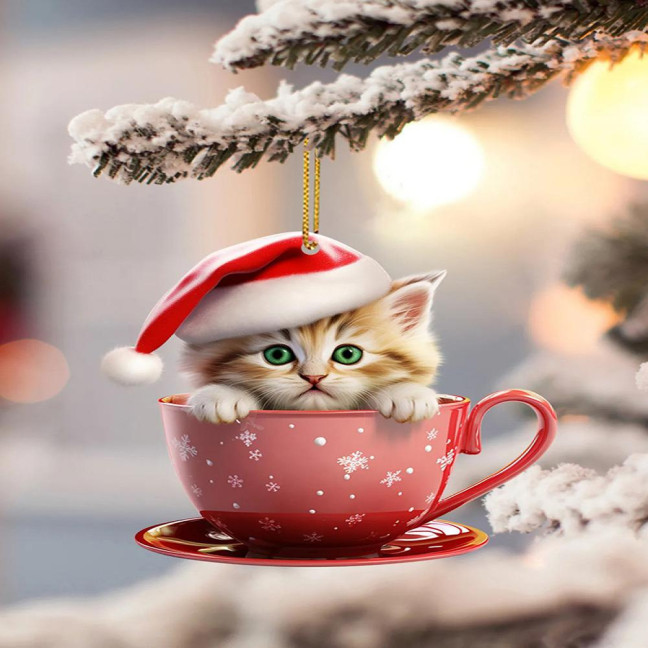 Christmas Pendant 2D Acrylic Cat Sitting Mug Charm Hanging Decor with Lanyard Holiday Party Decoration Christmas Pendant 2D Acrylic Cat Sitting Mug Charm Hanging Decor with Lanyard Holiday Party Decoration