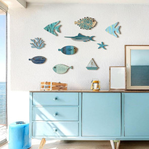 10Pcs/Set Fish Wall Decoration Coastal Style Wooden Fish Beach Theme Wall Art Fish Ornament for Walls Doors Bedrooms Living Rooms