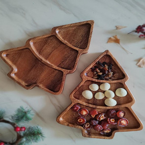 Christmas Tree Shaped Wooden Serving Tray Charcuterie Board Compartment Snack Platter for Breakfast Fruits Nuts Holiday Party Home Decor