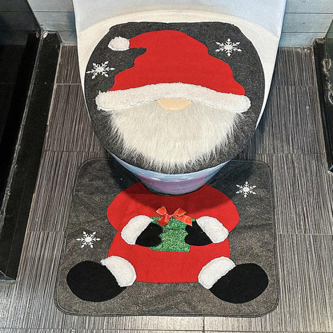 Santa Toilet Seat Cover 2-Piece Christmas Bathroom Set Santa Claus Toilet Seat Cover And Mat Set for New Year Indoor Bathroom Decor