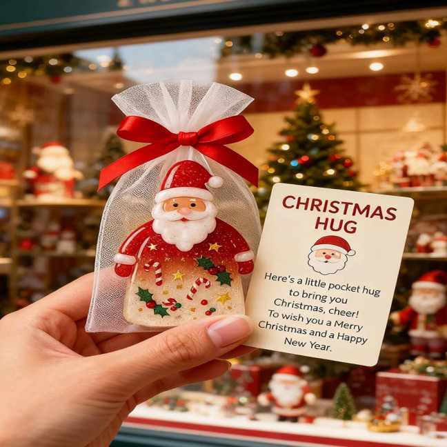 Little Pocket Christmas Hug Small Resin Santa Claus Ornaments with Encouragement Card Emotional Support Keepsake for Friends Family Christma Party Favors